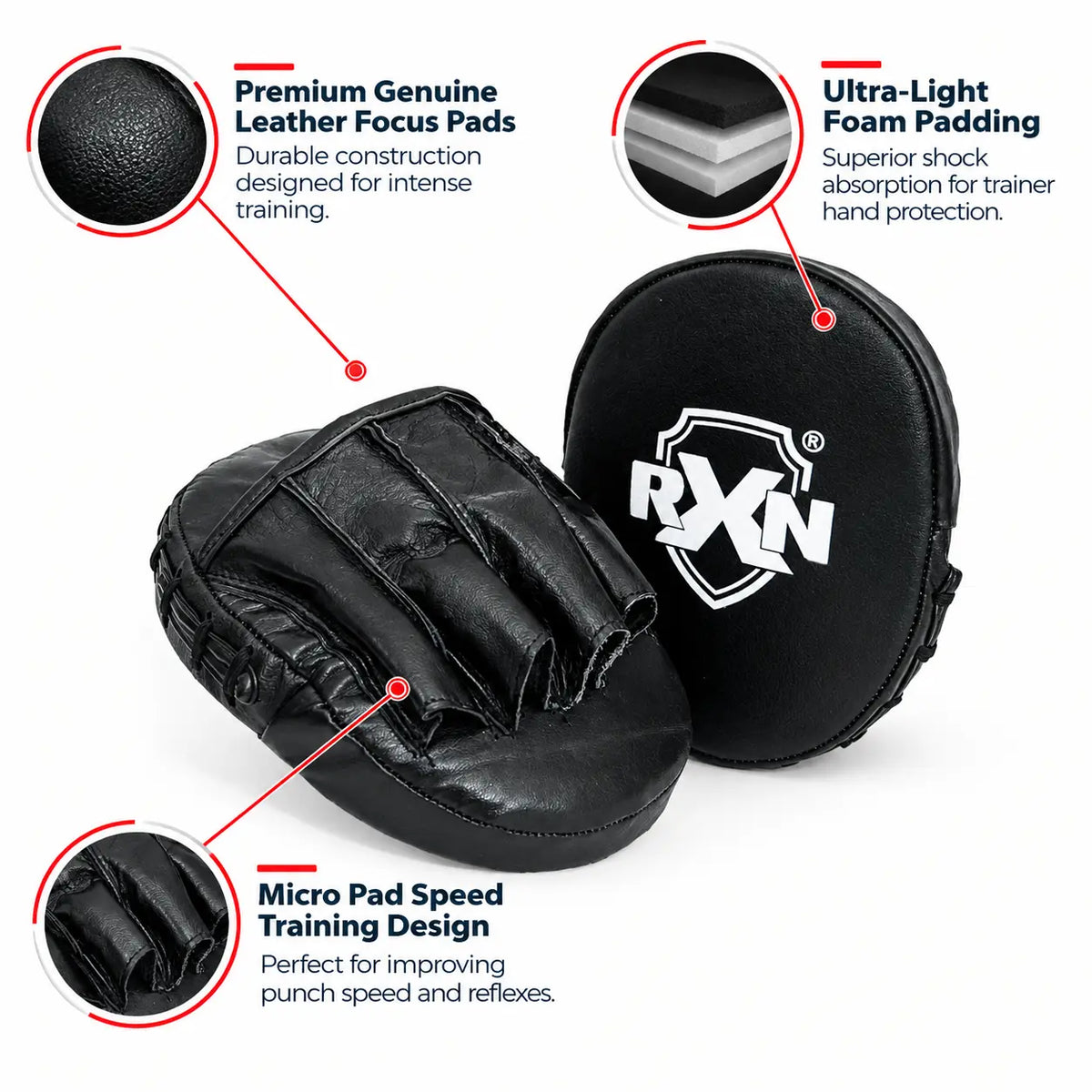 RXN Micro Focus Pad/Punching Mitts Straight for Super Speed Training - Genuine Leather Product - (FP-3) - Black
