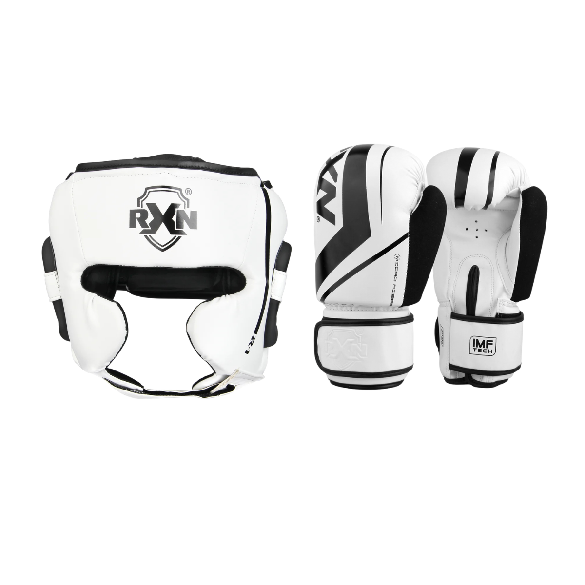 RXN R1 Boxing Gloves with Viperface Head Guard Combo. - Black/White