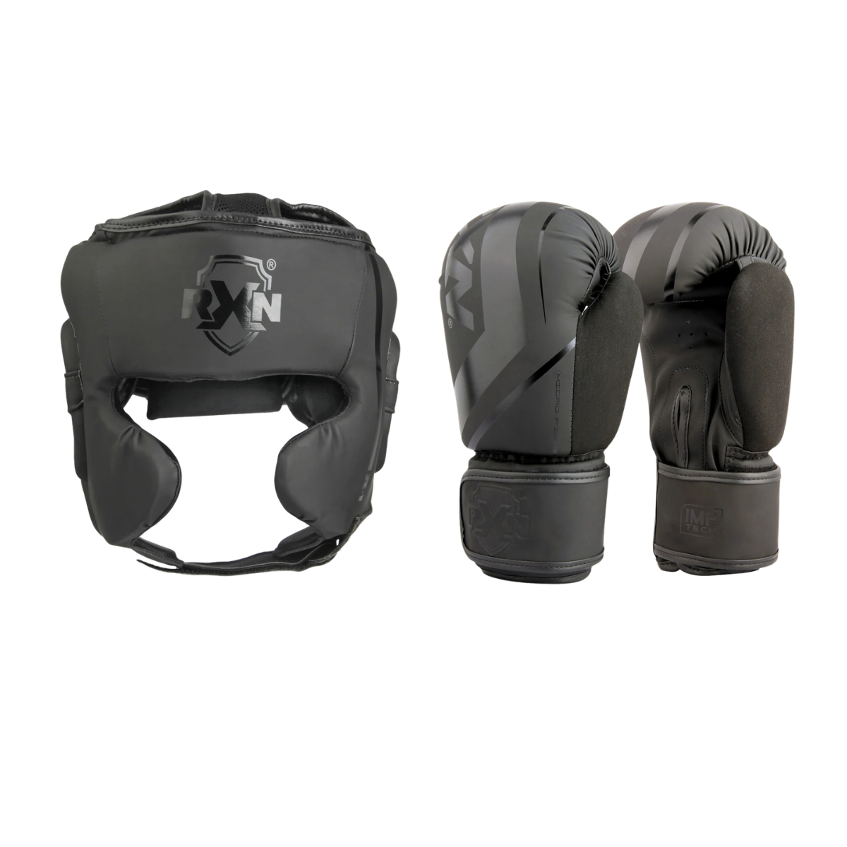 RXN R1 Boxing Gloves with Viperface Head Guard Combo. - Black/Black