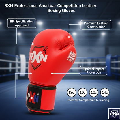 RXN World Champ Competition Professional Top Grain Leather Boxing Gloves - Red