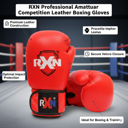 RXN World Champ Competition Professional Top Grain Leather Boxing Gloves - (BG-01) Red