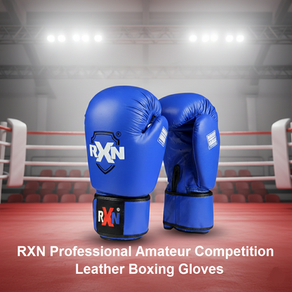 RXN World Champ Competition Professional Top Grain Leather Boxing Gloves  Blue