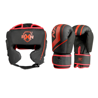 RXN R1 Boxing Gloves with Viperface Head Guard Combo. - Black/Red