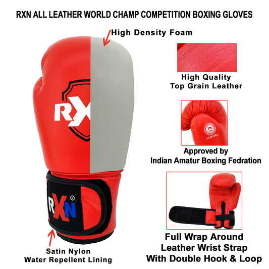 RXN All Leather World Champ Competition Professional Boxing Fight Gloves - RXN SPORTS